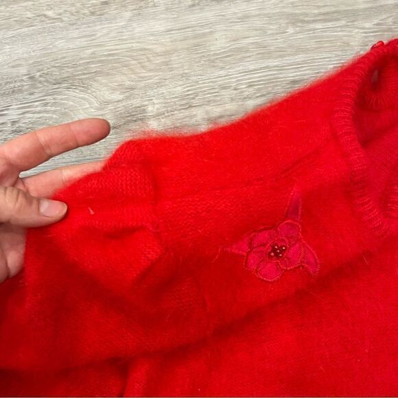Vintage 90s angora sweater red rabbit hair beaded detail boat neck sweater 80s - Picture 4 of 7